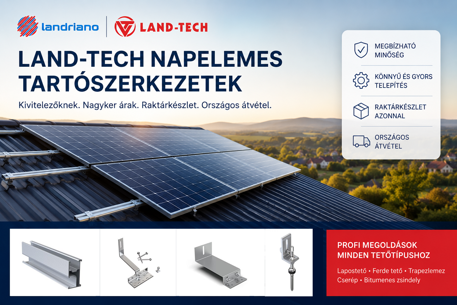 Land-Tech napelemes tartószerkezetek kivitelezőknek Enerack-kompatibilis sínekkel, kampókkal és leszorítókkal