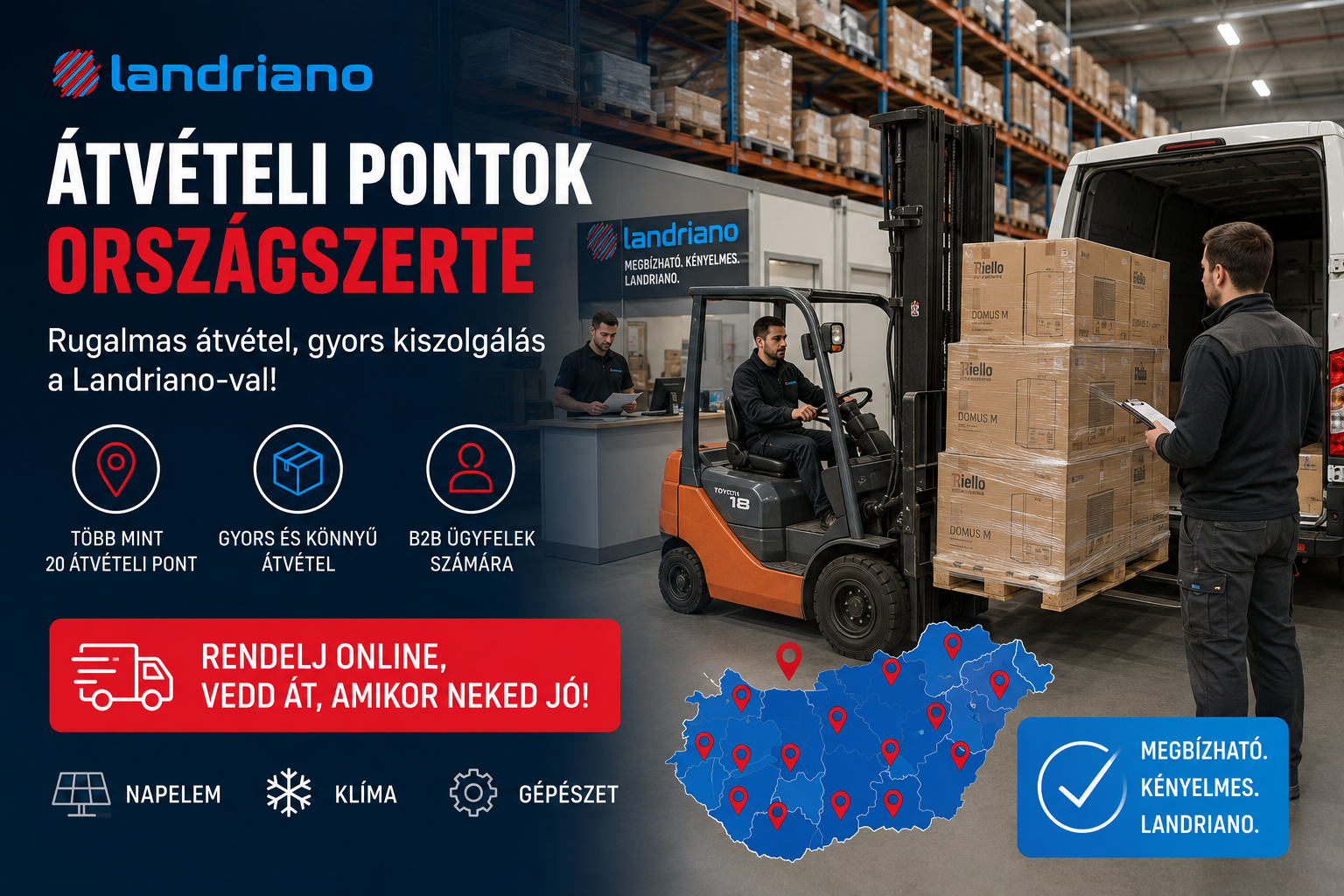 Landriano országos átvételi pontok napelemes és épületgépészeti szakmai partnereknek