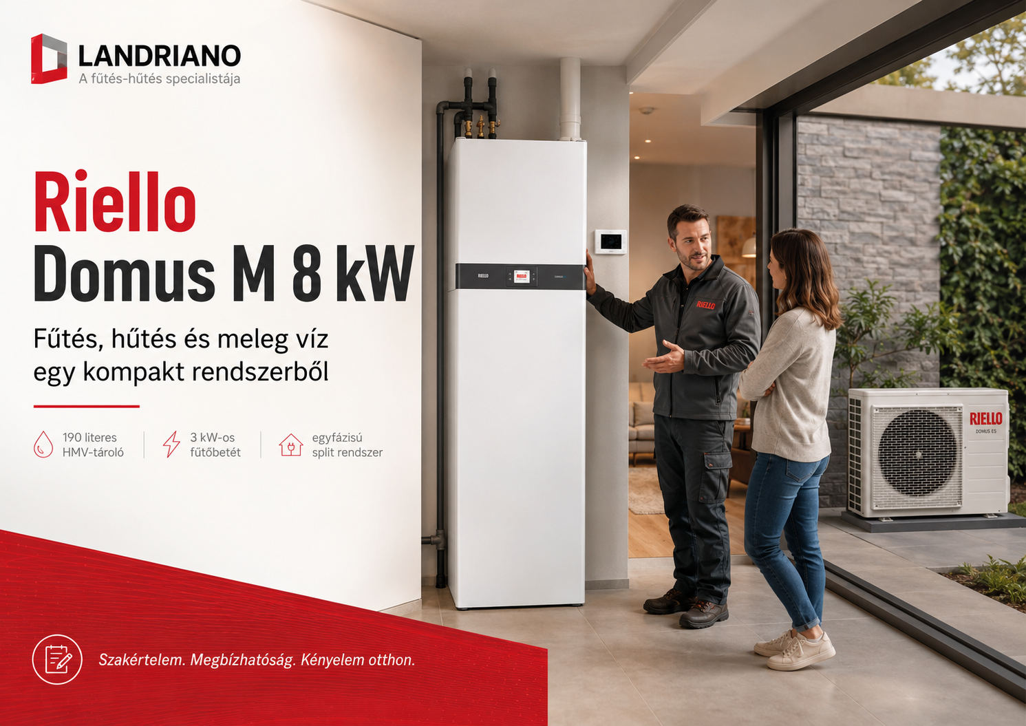 Riello Domus M 8 kW levegő-víz hőszivattyú 190 literes HMV-tárolóval